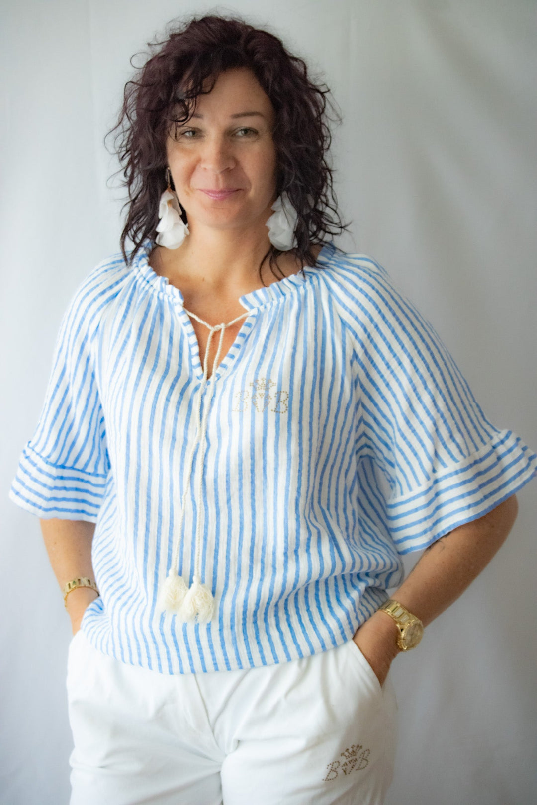 Carmenbluse Weiß/Blau