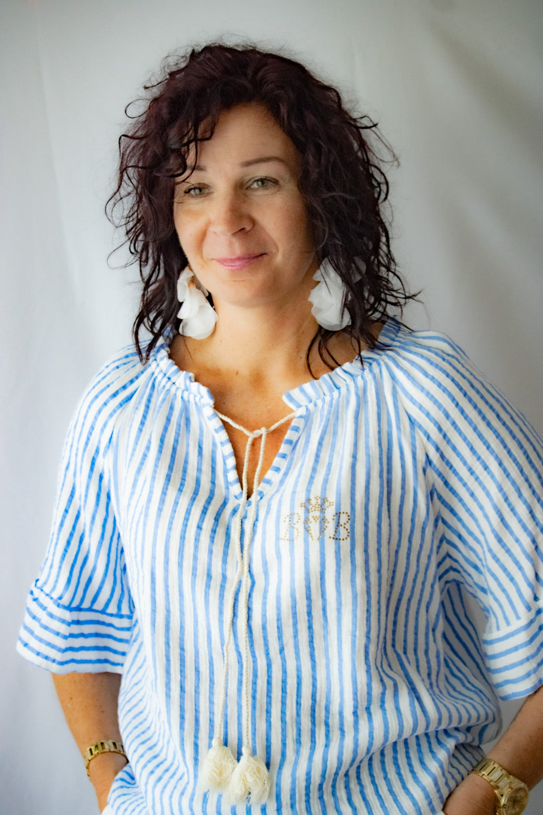 Carmenbluse Weiß/Blau