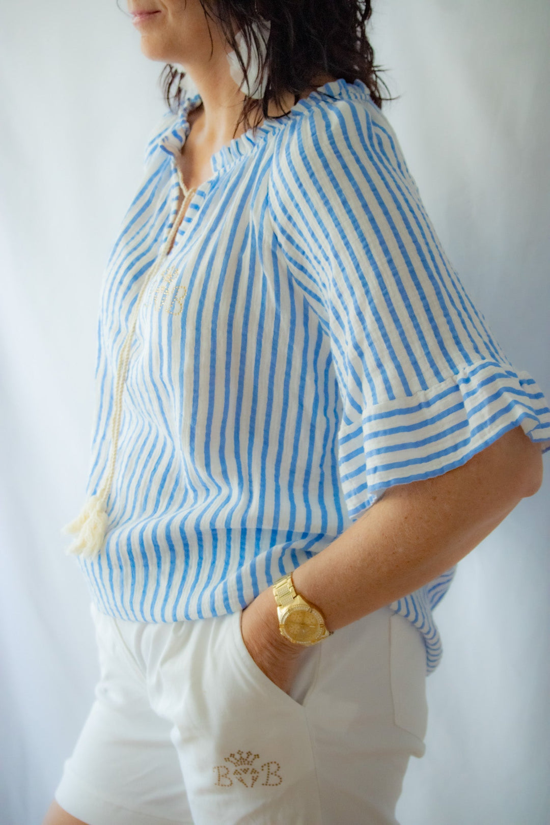 Carmenbluse Weiß/Blau