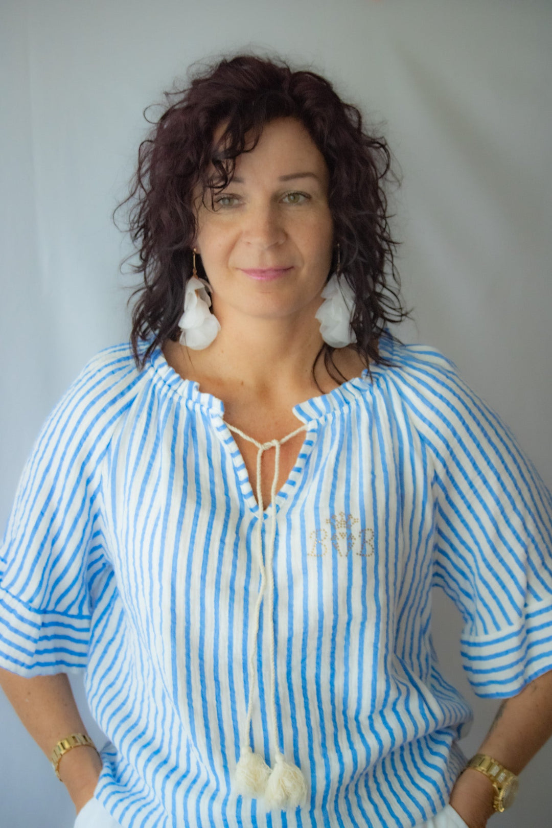 Carmenbluse Weiß/Blau