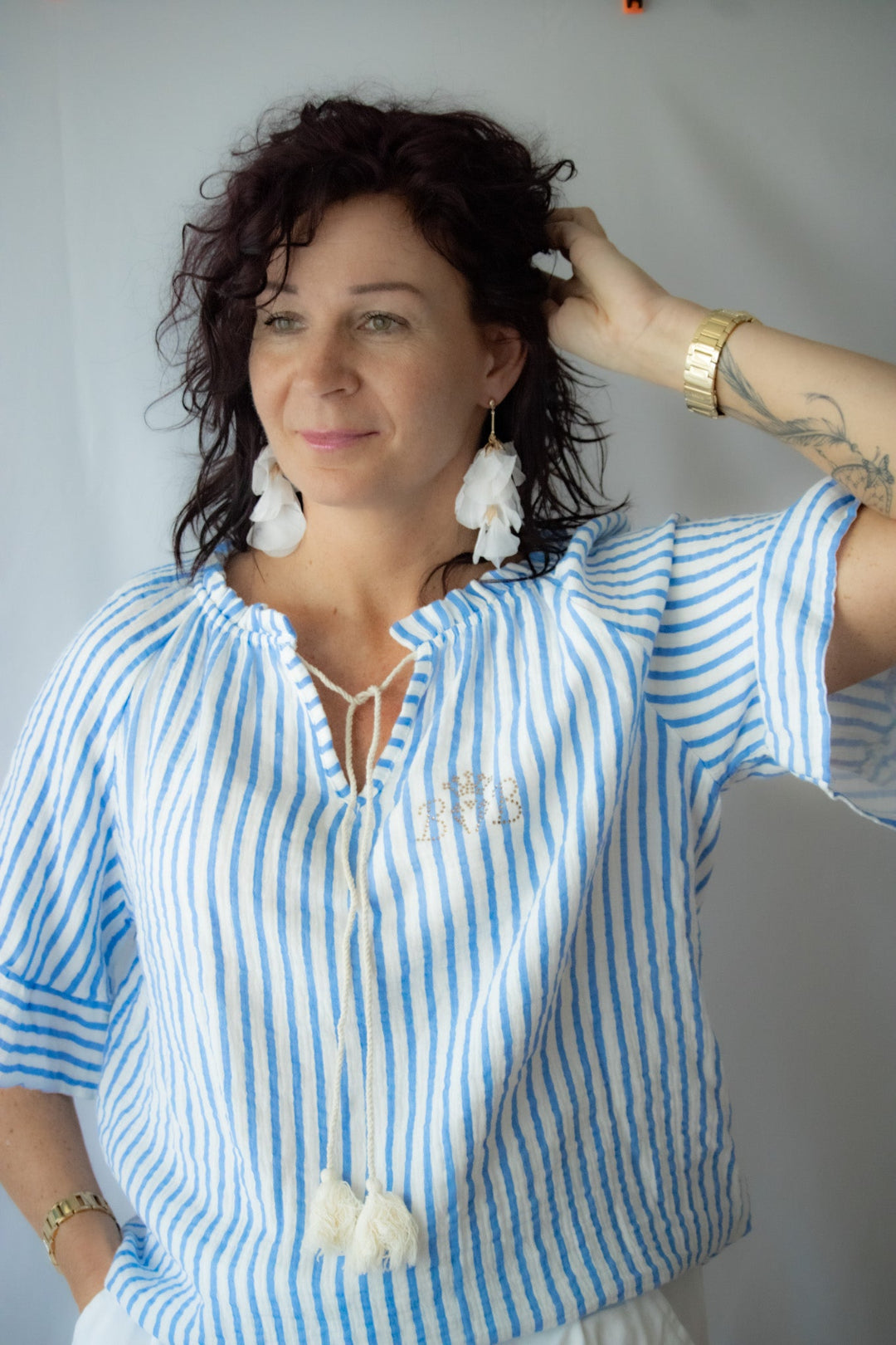 Carmenbluse Weiß/Blau