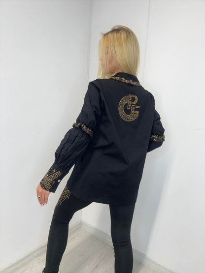 Hemdbluse Schwarz mit Strasssteinen