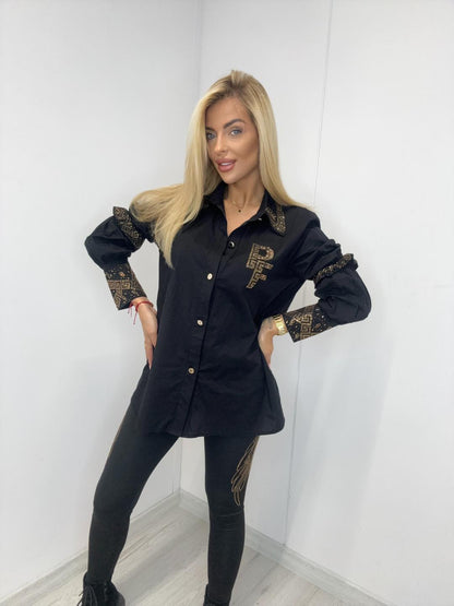 Hemdbluse Schwarz mit Strasssteinen