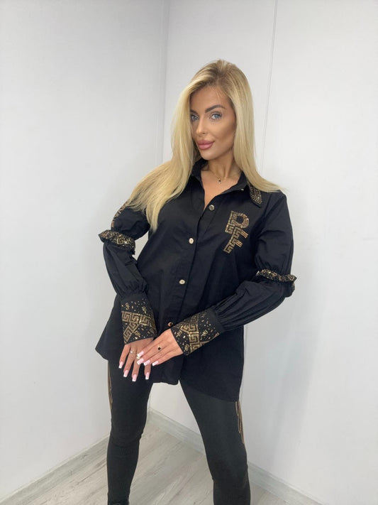 Hemdbluse Schwarz mit Strasssteinen