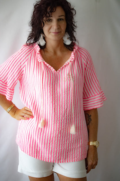 Carmenbluse Weiß/Pink