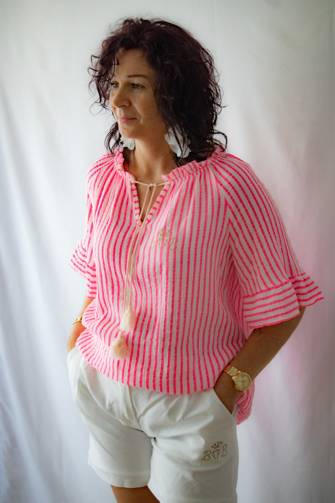 Carmenbluse Weiß/Pink