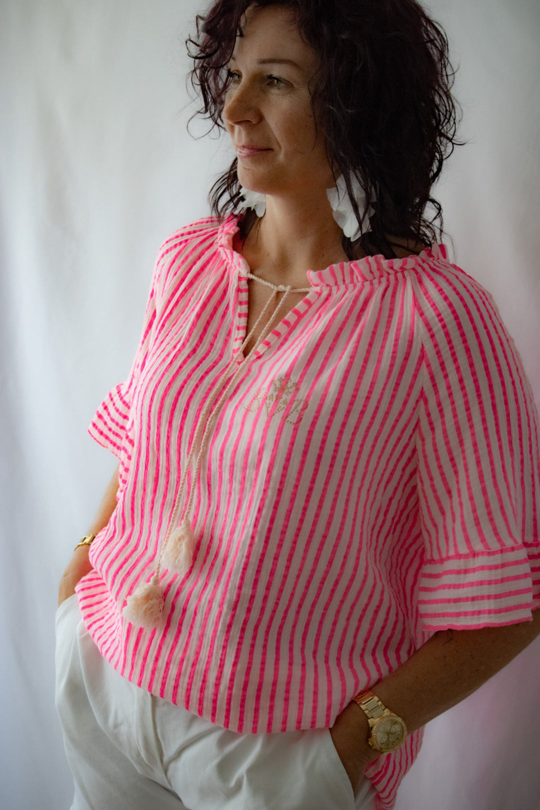 Carmenbluse Weiß/Pink
