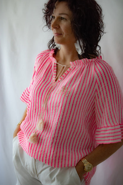 Carmenbluse Weiß/Pink