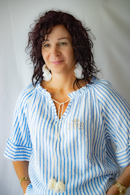 Carmenbluse Weiß/Blau