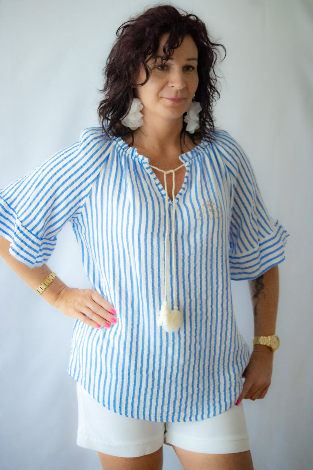 Carmenbluse Weiß/Blau