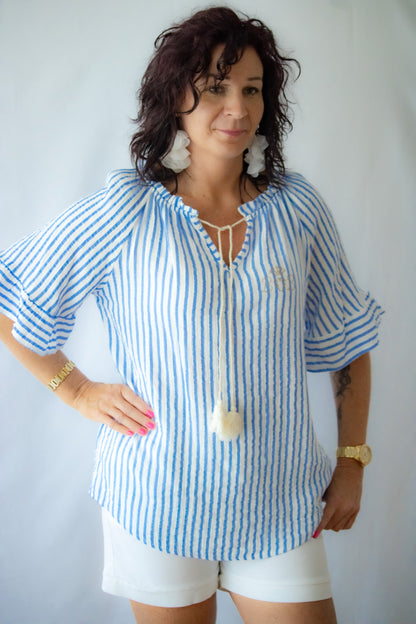 Carmenbluse Weiß/Blau